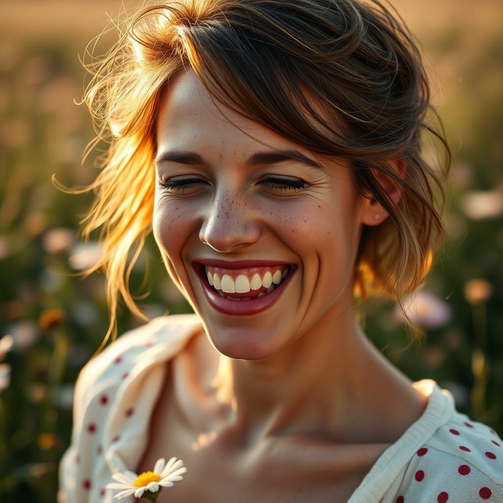 Laughing Freckled Woman in Sunlit Flower Field