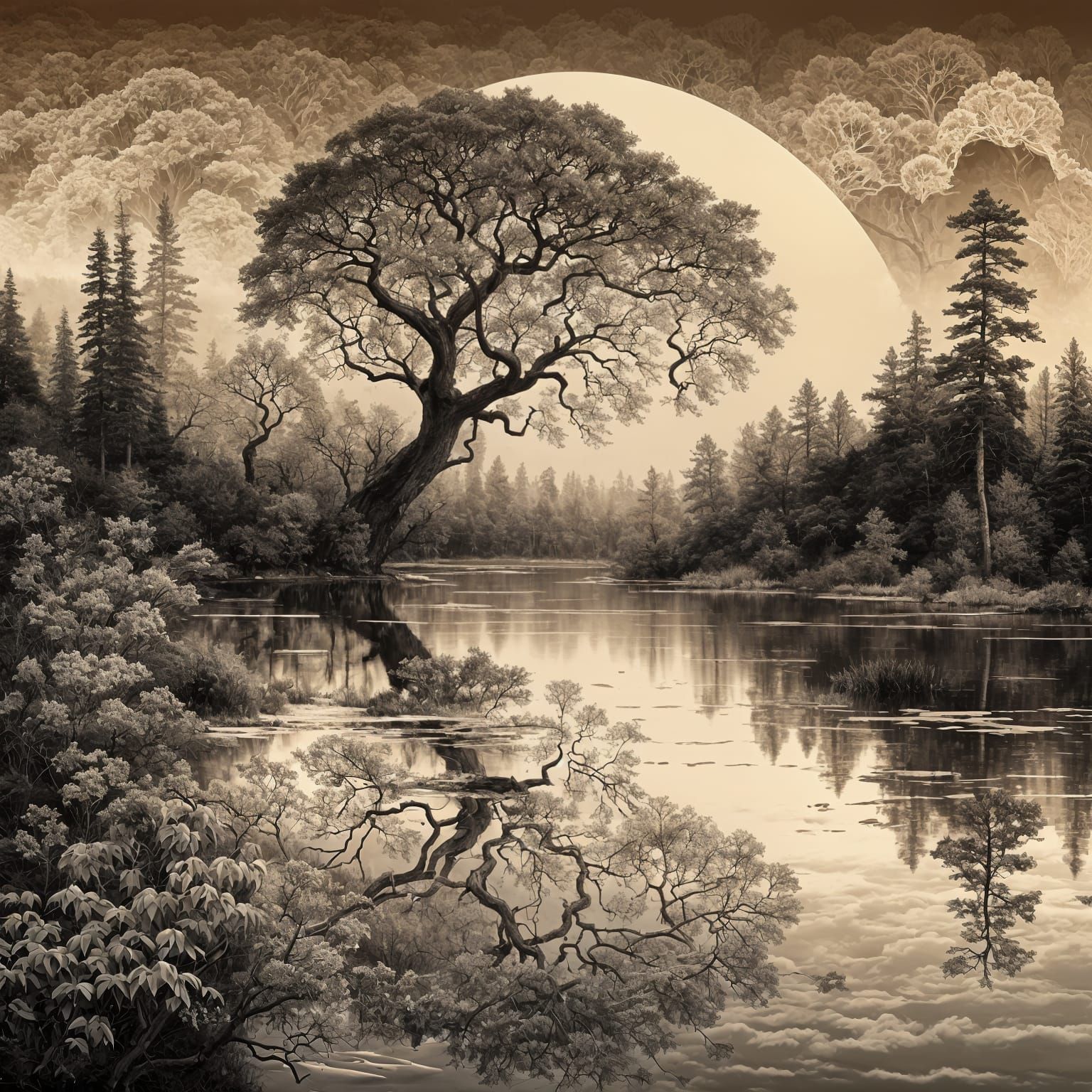 Elegant Fractal Forest Scene in Vintage Style