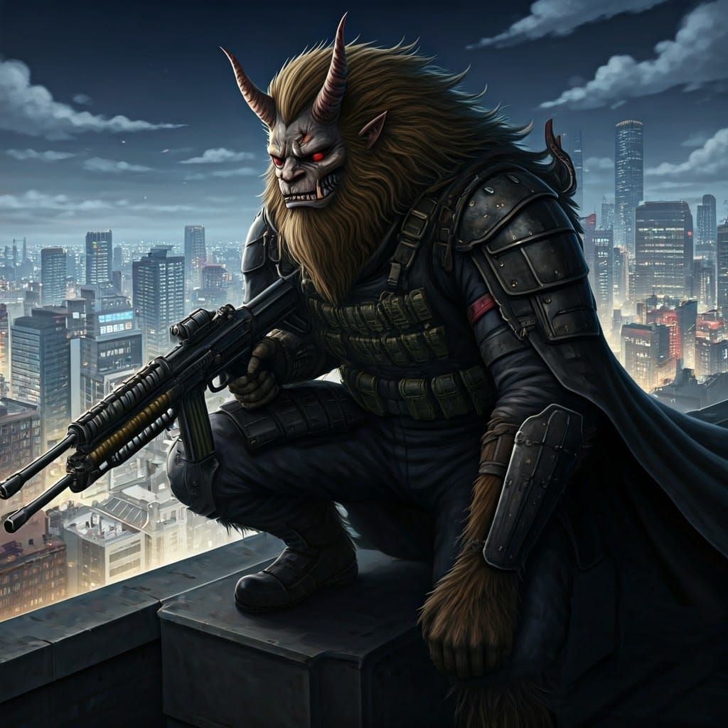 Sasquatch Mercenary with Oni Horns in Manga Style