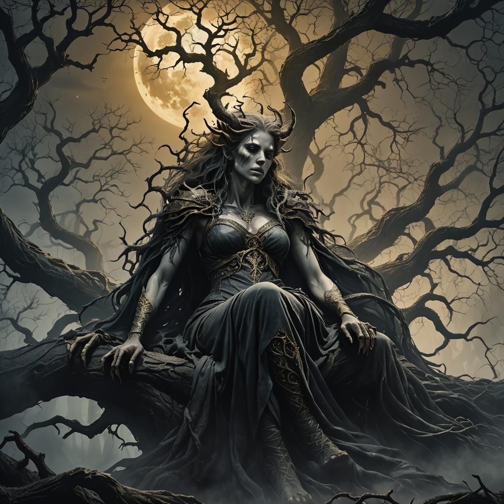 Female Monster Sleeps in Dark Fantasy Landscape