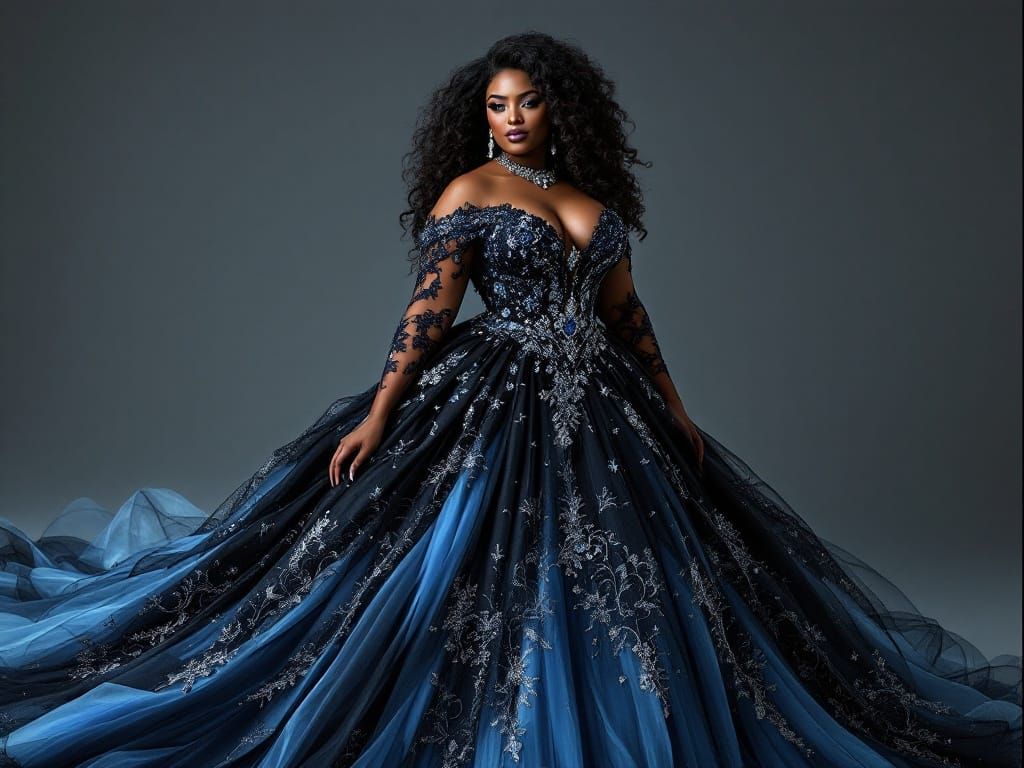 Elegant Black and Blue Wedding Gown with Train and Ornate Je...