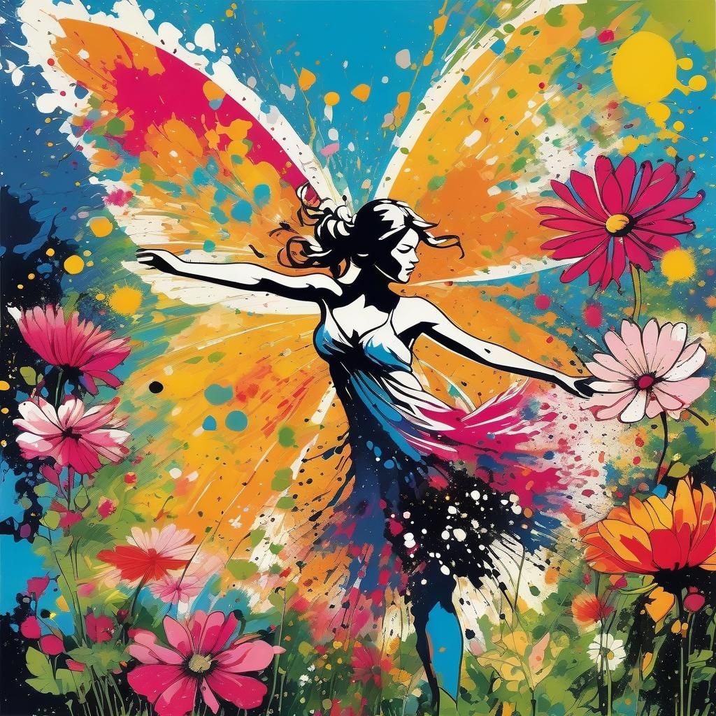 Winged Fairy Dances in Ink Splatter Garden