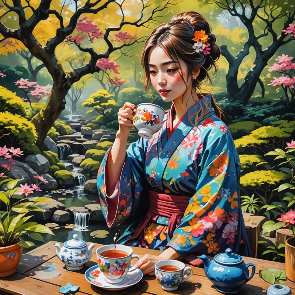 Woman Enjoying Tea in Japanese Garden: Graffiti Art