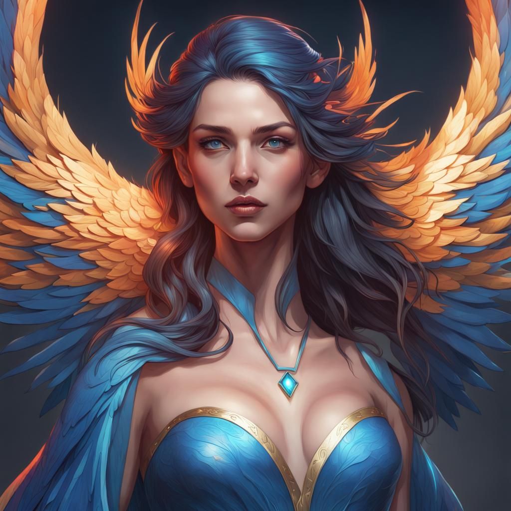 Blue Phoenix Woman Portrait in Digital Art Style