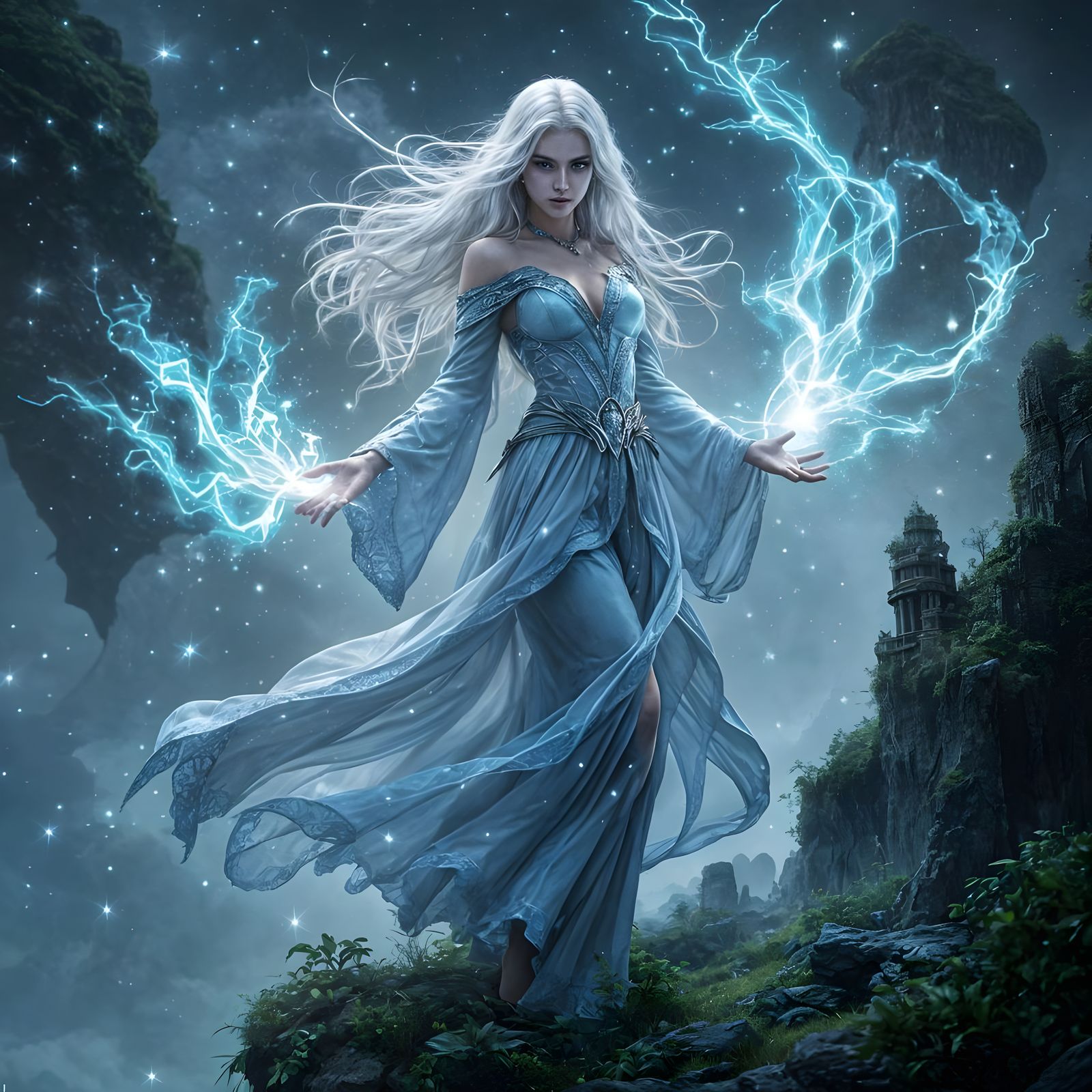 Elven Sorceress on Floating Island, Hyperdetailed Art