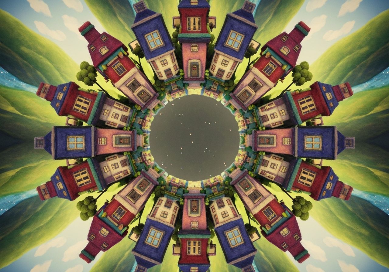 Whimsical Felt Village with Mirrored Reflections