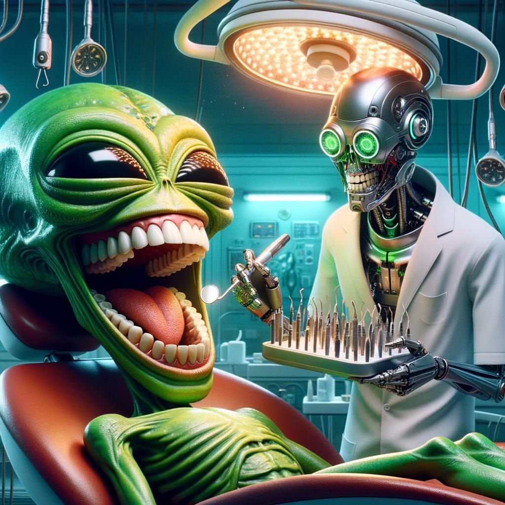 Android Dentist Examining a Smiling Alien, 3D Cartoon