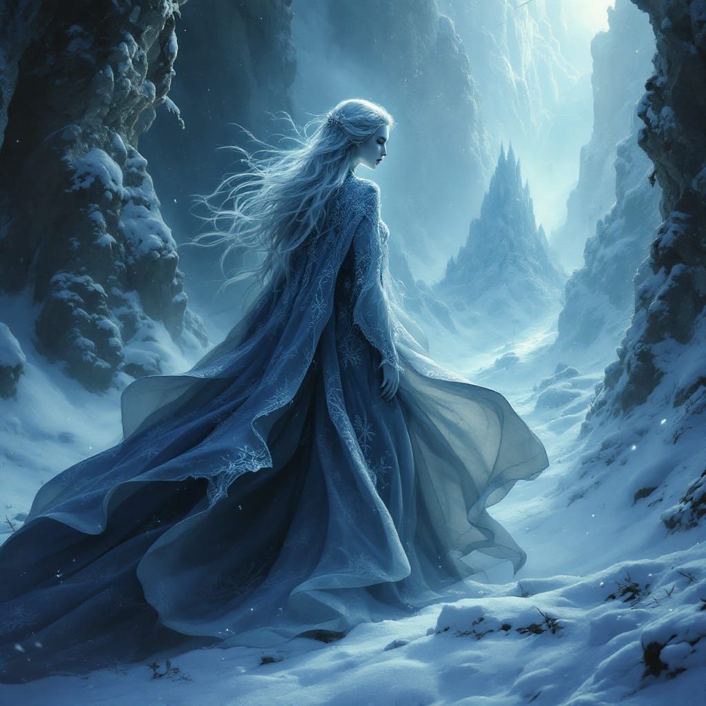 Ethereal Snow Maiden in Gothic Fantasy Landscape