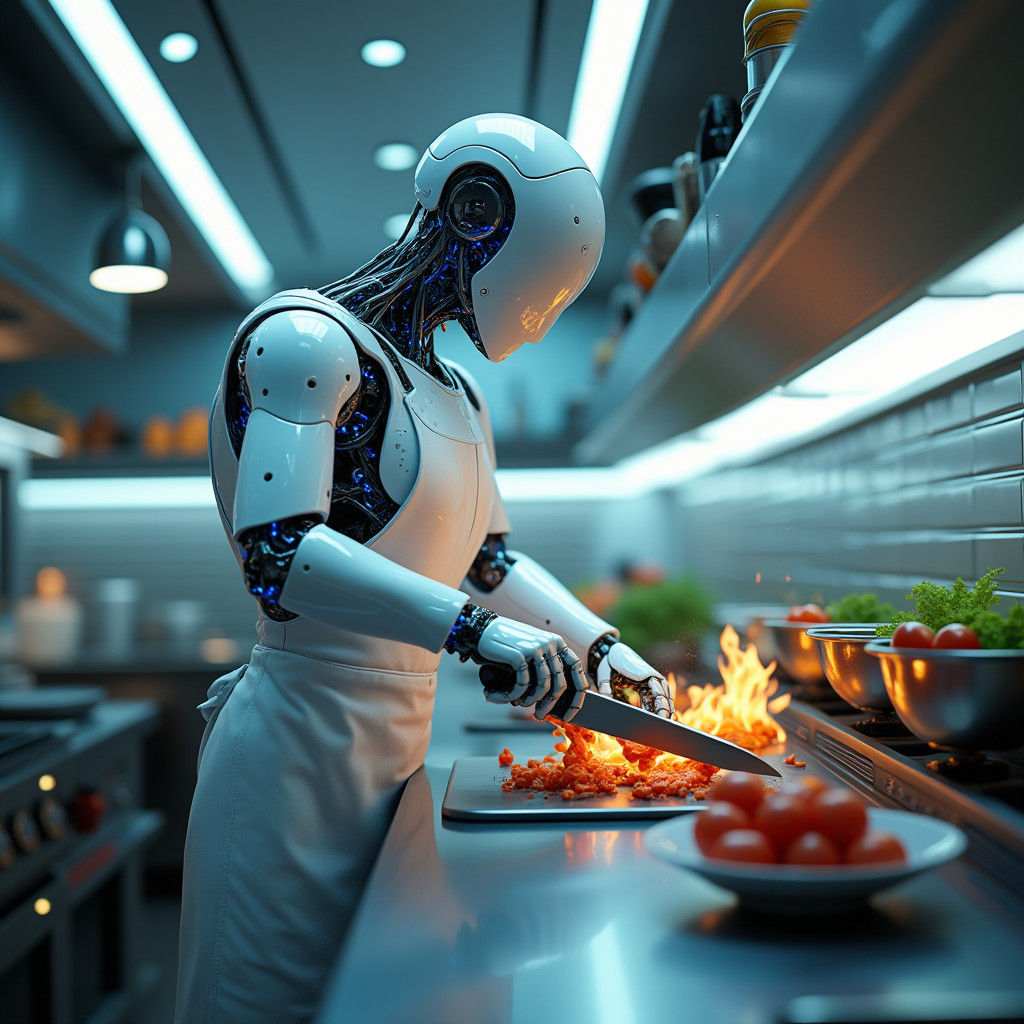 Futuristic Robot Chef in a Neon Kitchen
