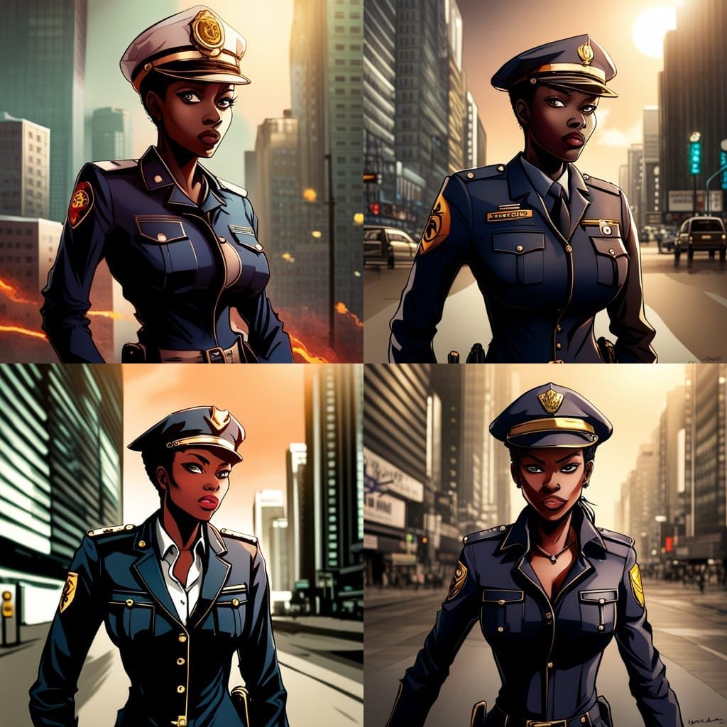 Anime-Style Image of a Strong African Policewoman