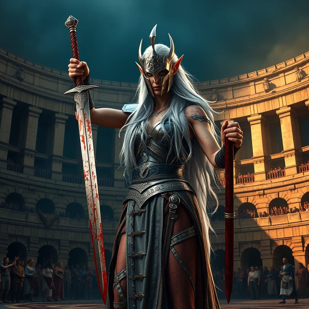 Victorious High-Elf Gladiator in Ancient Arena