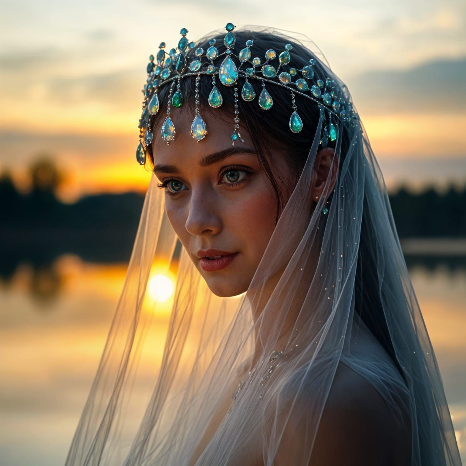 Gemstone Droplet Tiara by Tranquil Lake at Sunrise
