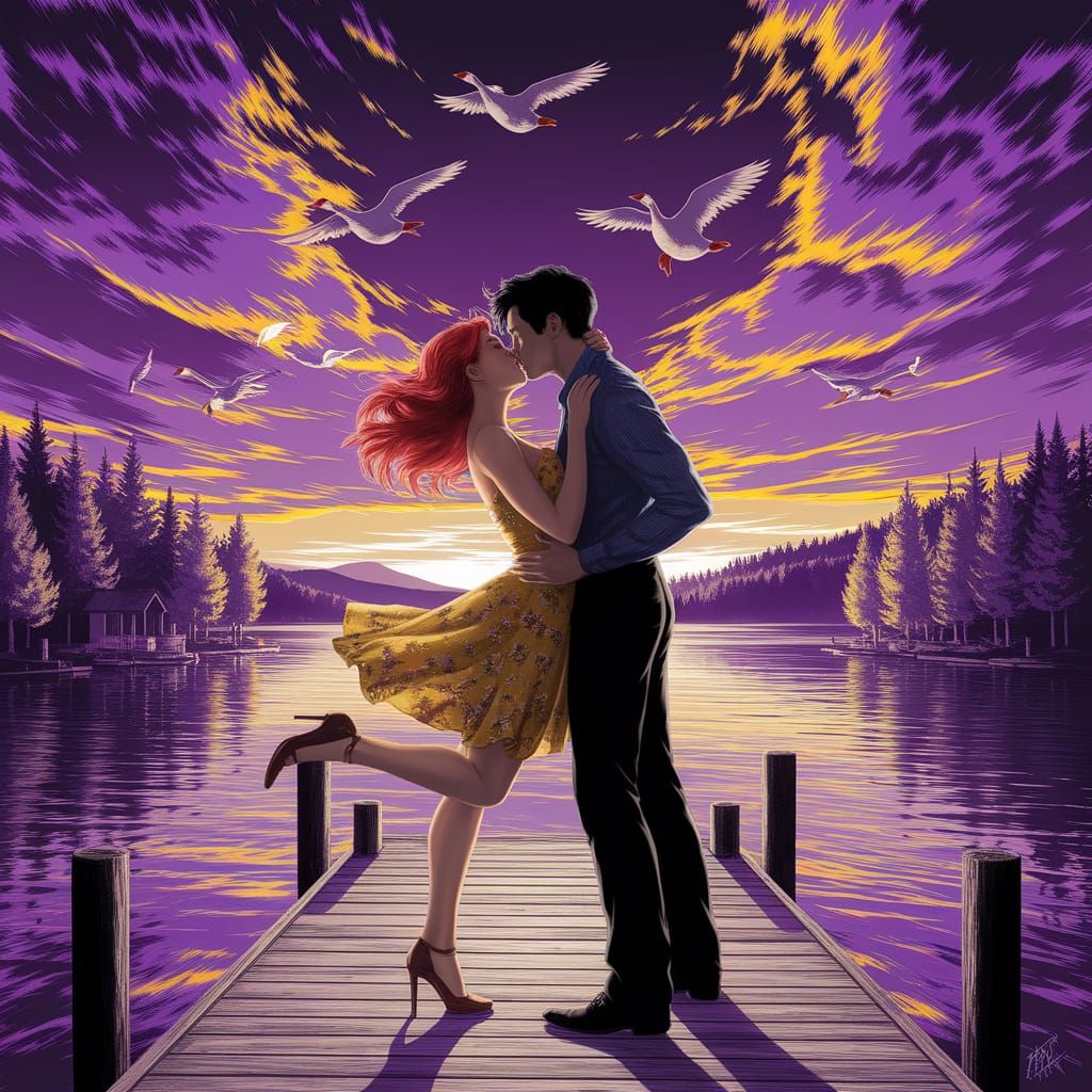 Romantic Moment on Lake's Edge, Dark Fantasy Concept Art