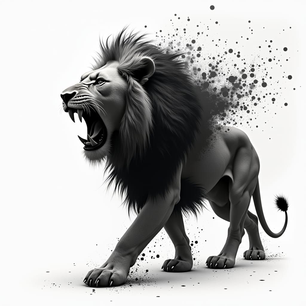 Monochrome Ink Splatter Lion Roaring: Detailed Matte Paintin...