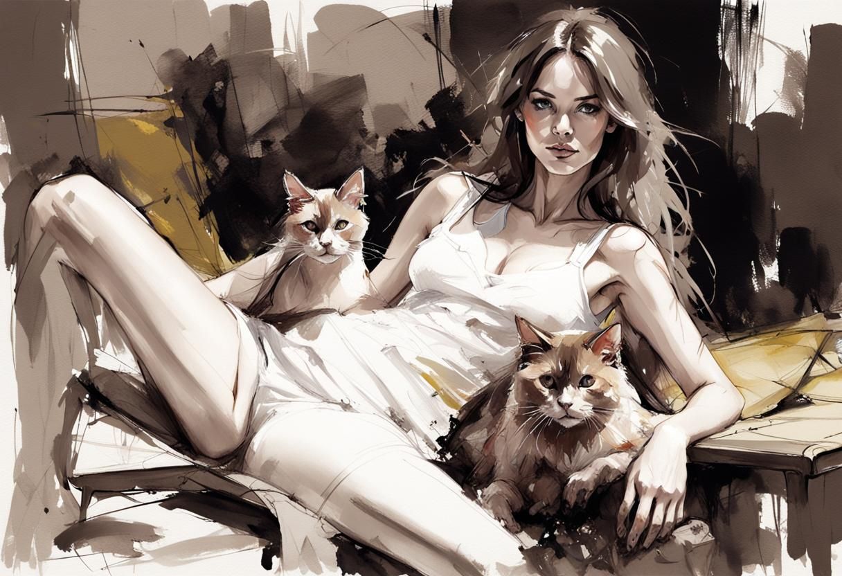 Princess with Cat: Pencil Sketch Art