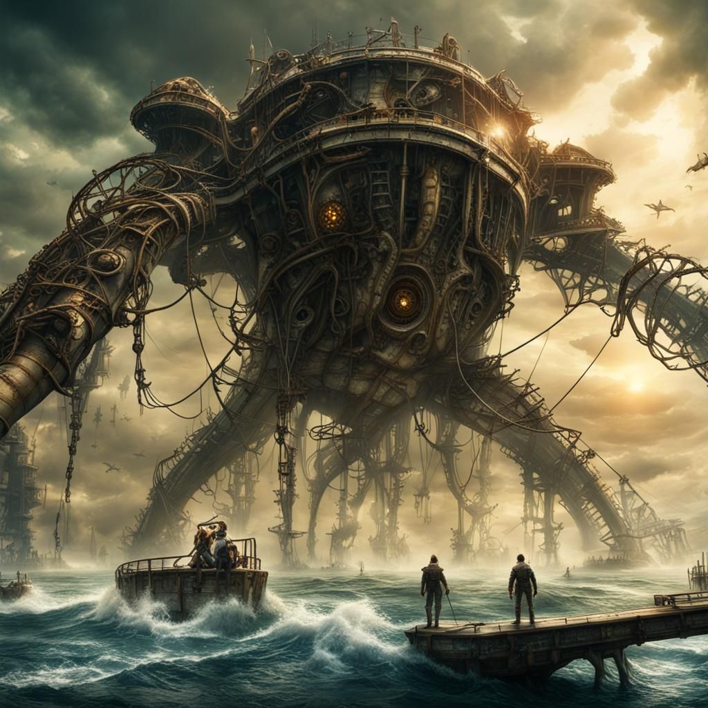 Biomechanical Creatures Wander a Post-Apocalyptic Ocean