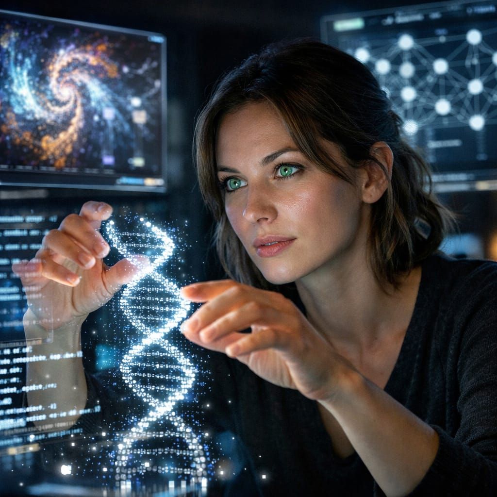 Woman Sculpting Light DNA in Futuristic Studio