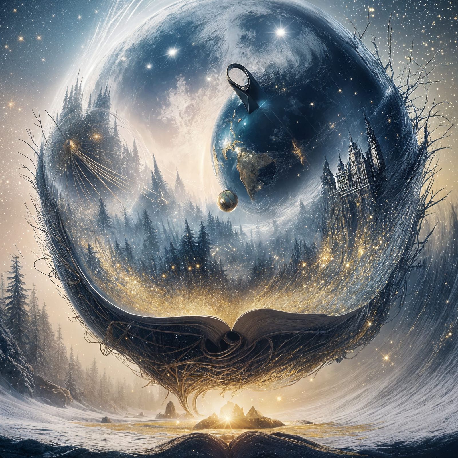 <lora:AI:1.0> A beautiful scenery inside a globe, shimmering gold sparkles out of the globe in a magical background