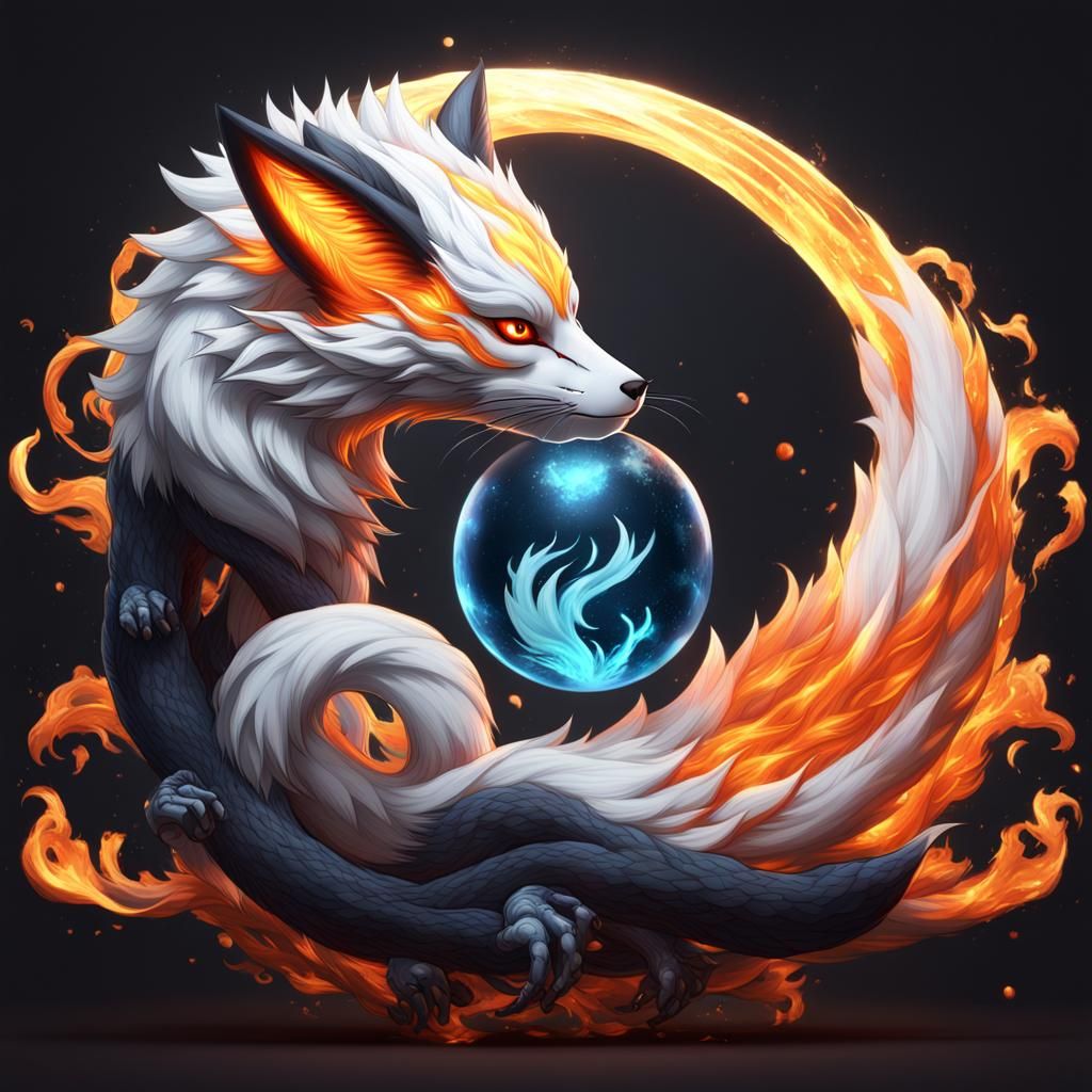 Nine-Tailed Kitsune with Elemental Powers