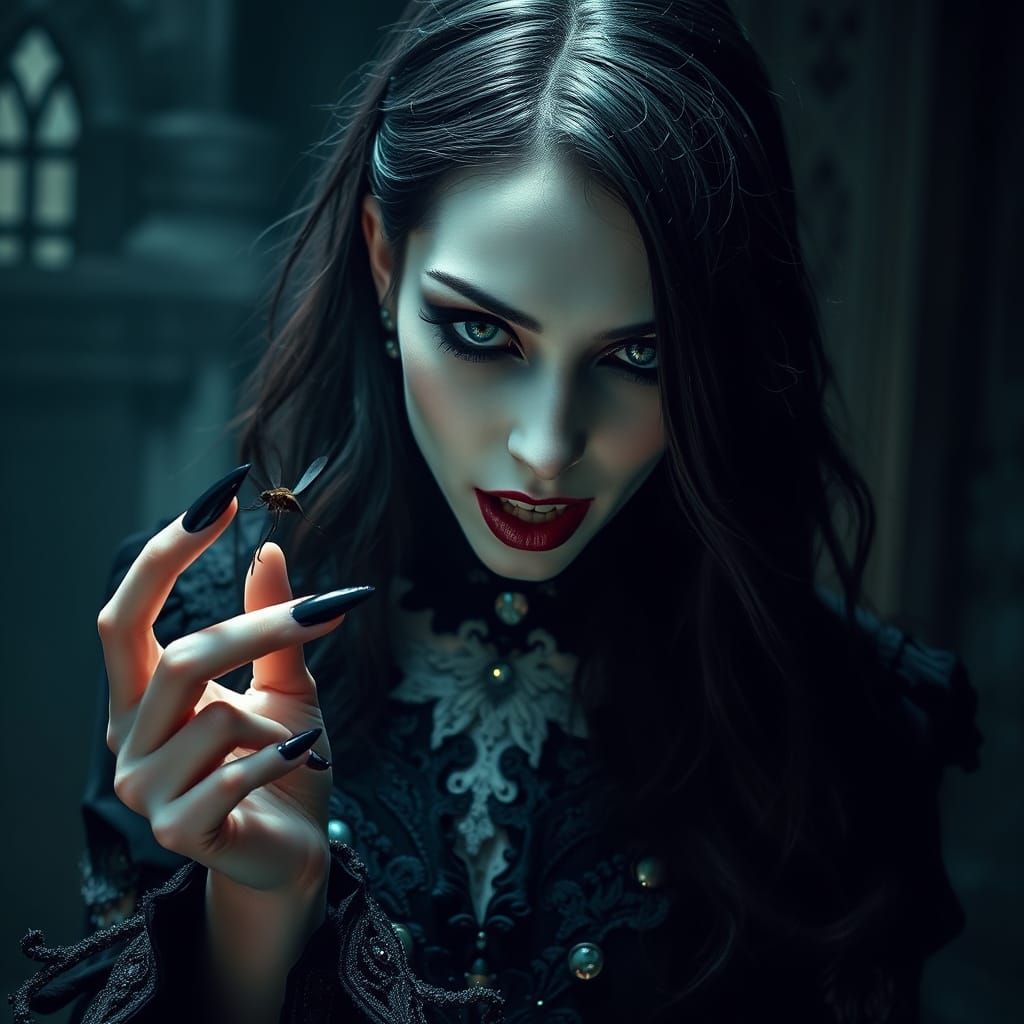 Gothic Vampire Goddess Swats at Midnight Mosquito in Dark My...