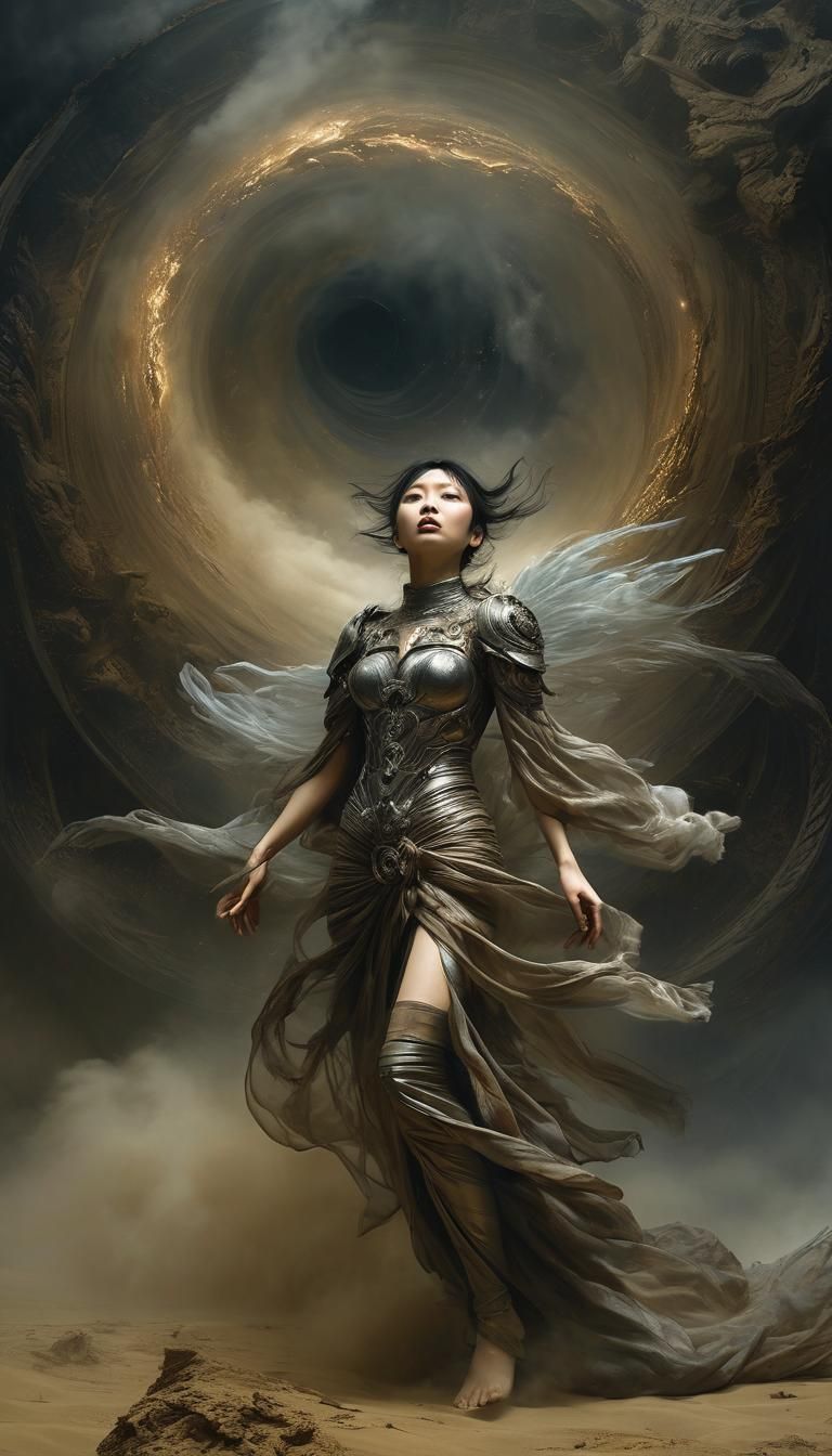 Cyberpunk Angel Transcends a Maelstrom of Space Ships and Vo...