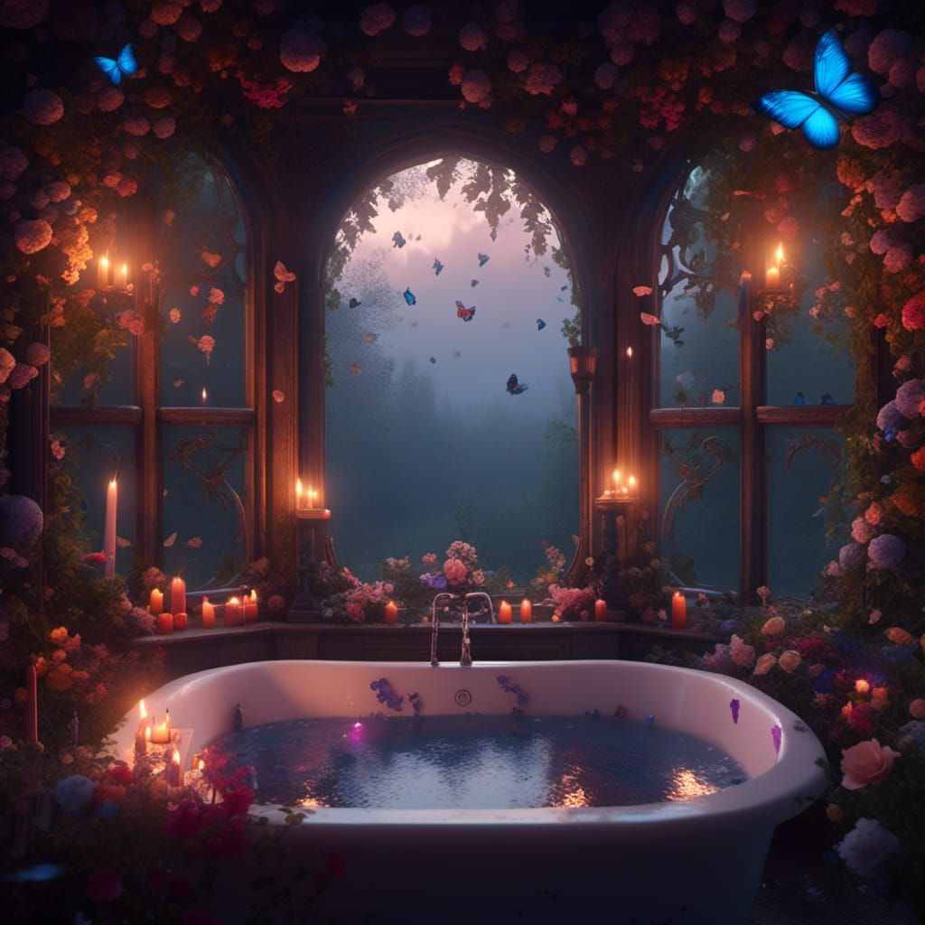 Floral Bathtub Overlooking Misty Forest, Fantasy Art