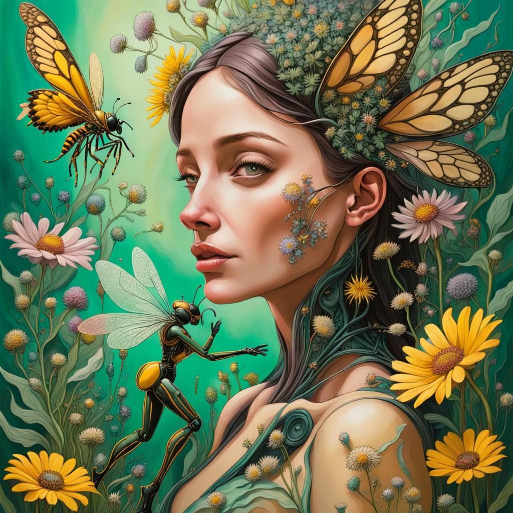 Bee and Woman Pollinating Wildflowers in Magical Nature