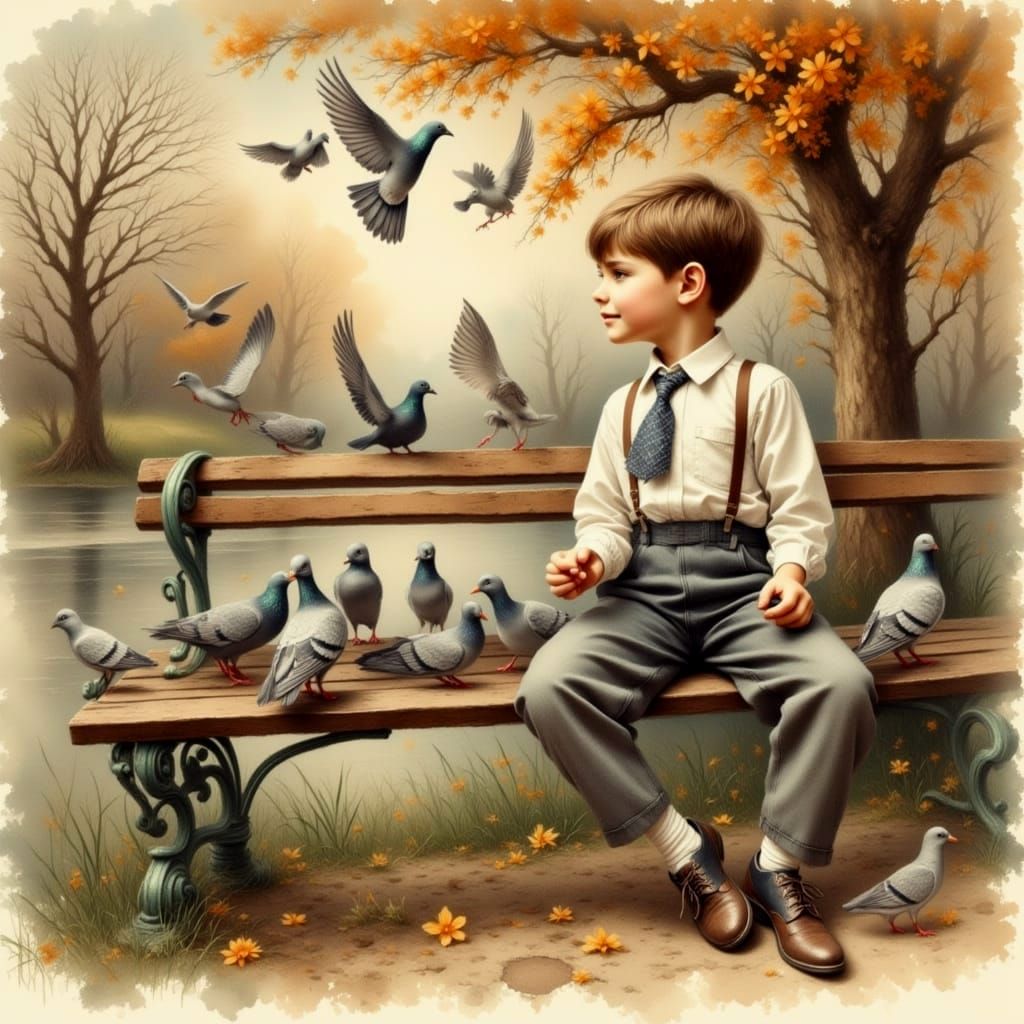 Boy Feeding Pigeons in Vintage Watercolor Style