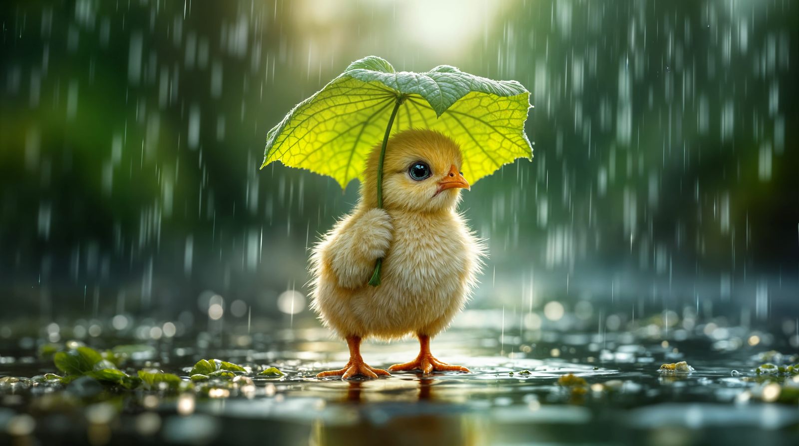 Whimsical Chicken Sheltered by Clover in Morning Rain