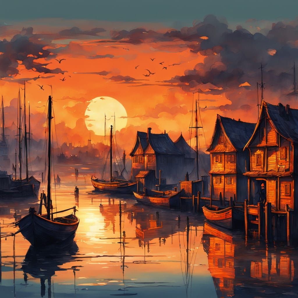 Vibrant Sunset Lake Scene in European Watercolor Style