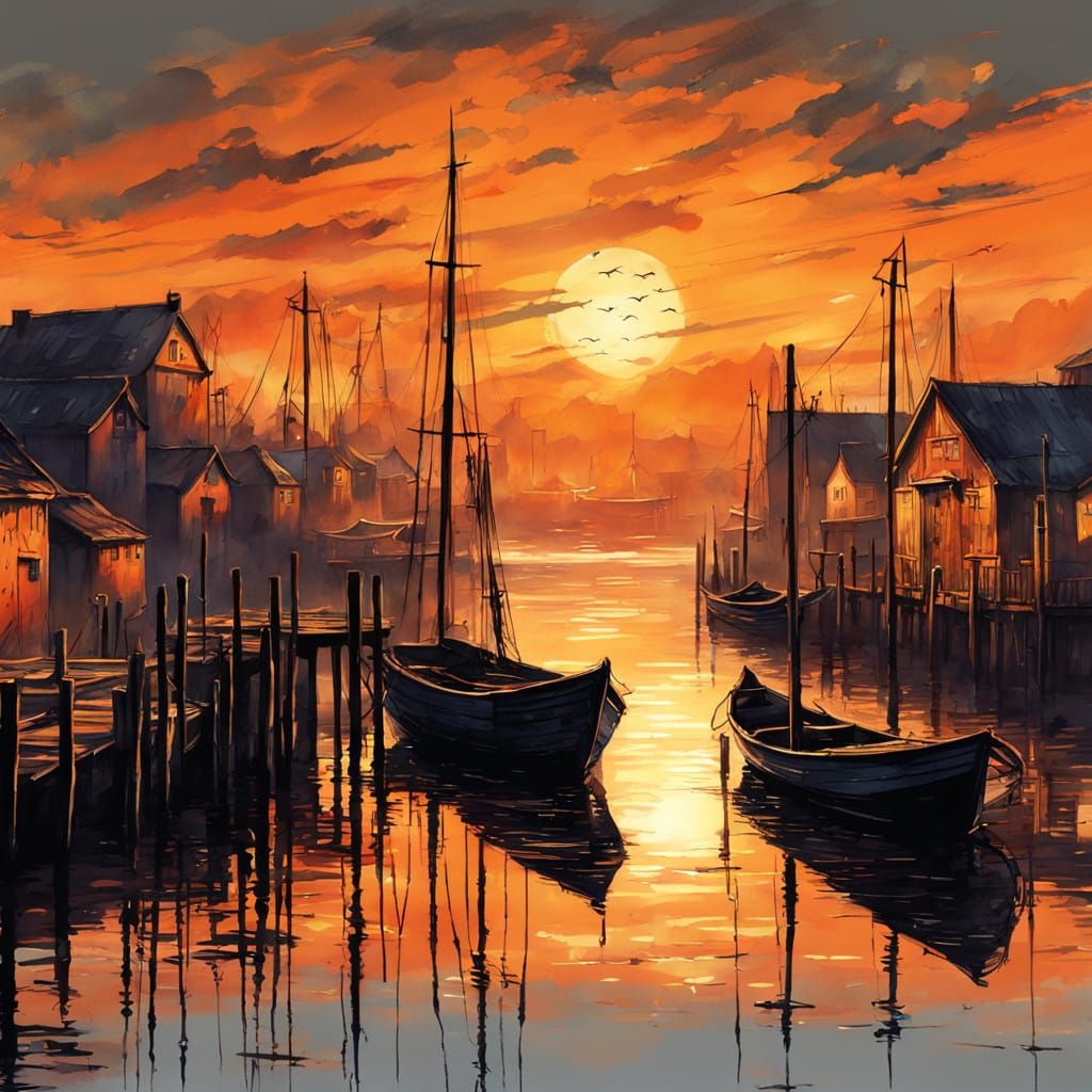 Vibrant Sunset over a Quaint European Lake Town