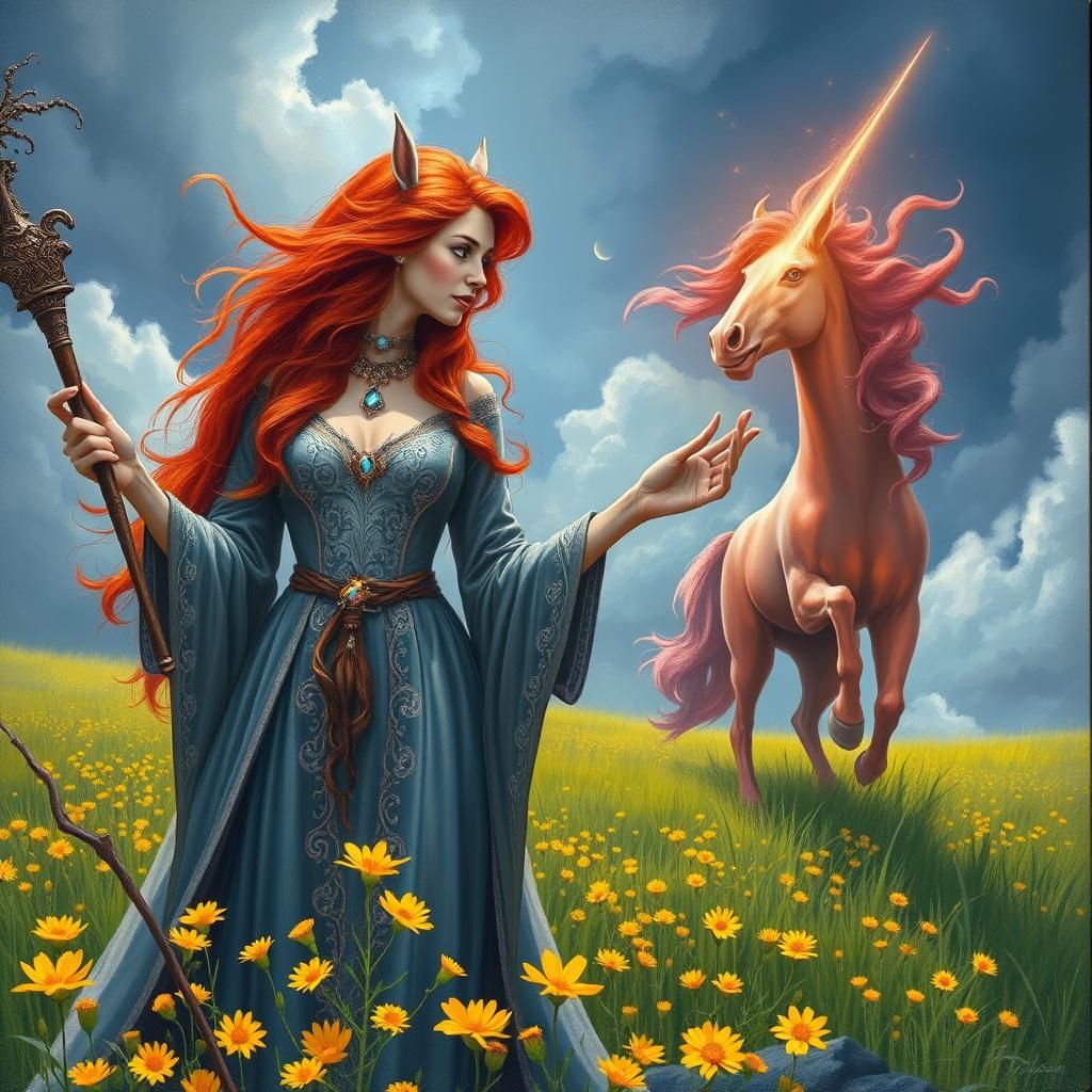 Fiery Witch Conjures Unicorn in Dreamlike Meadow