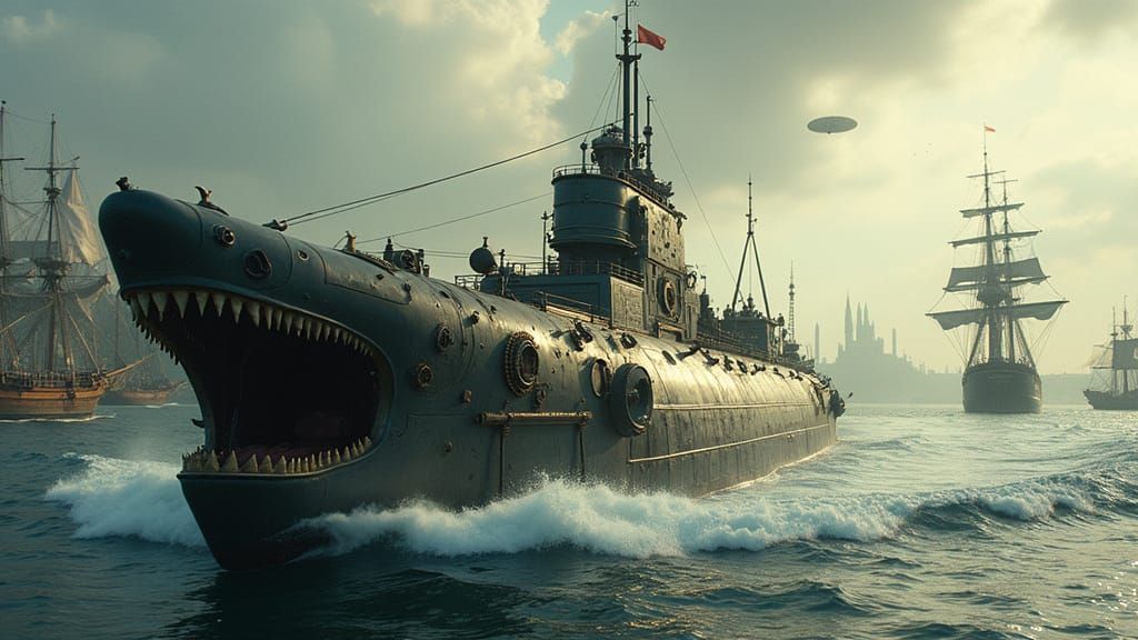 Steampunk Shark Submarine Enters Victorian Port