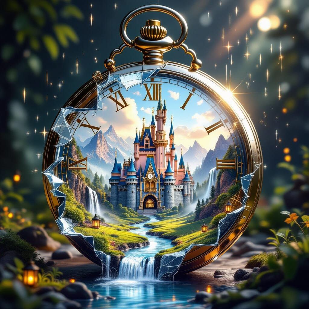 Pocket Watch Portal to Fantasy Valley in 3D