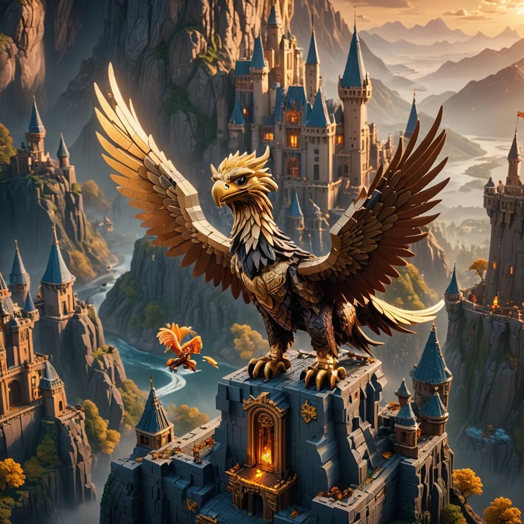 Lego Griffin on Mystical Castle, Fantasy Concept Art