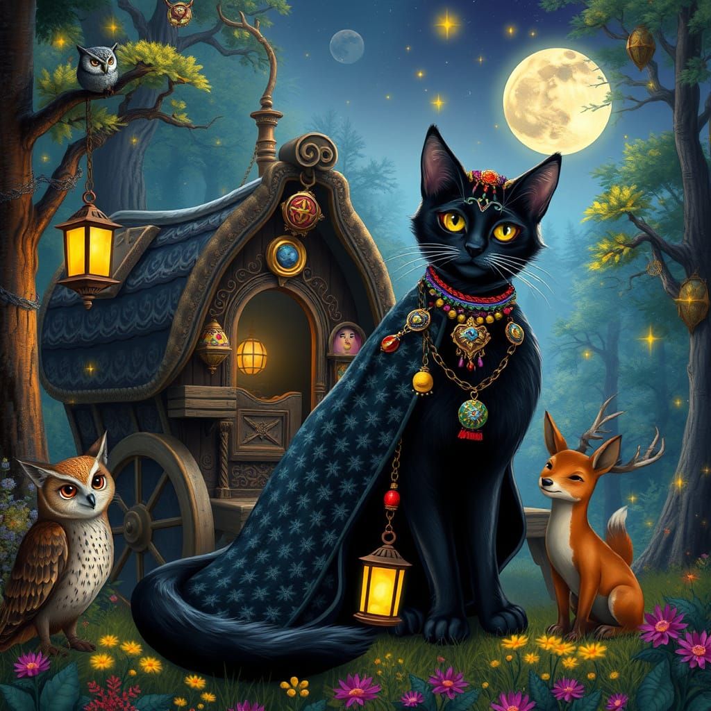 Mystical Gypsy Cat Amidst Whimsical Forest