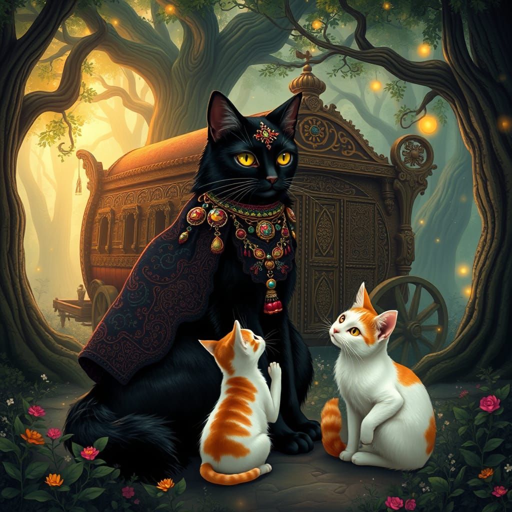 Regal Gypsy Cat Surrounded by Feline Friends in Whimsical Fo...