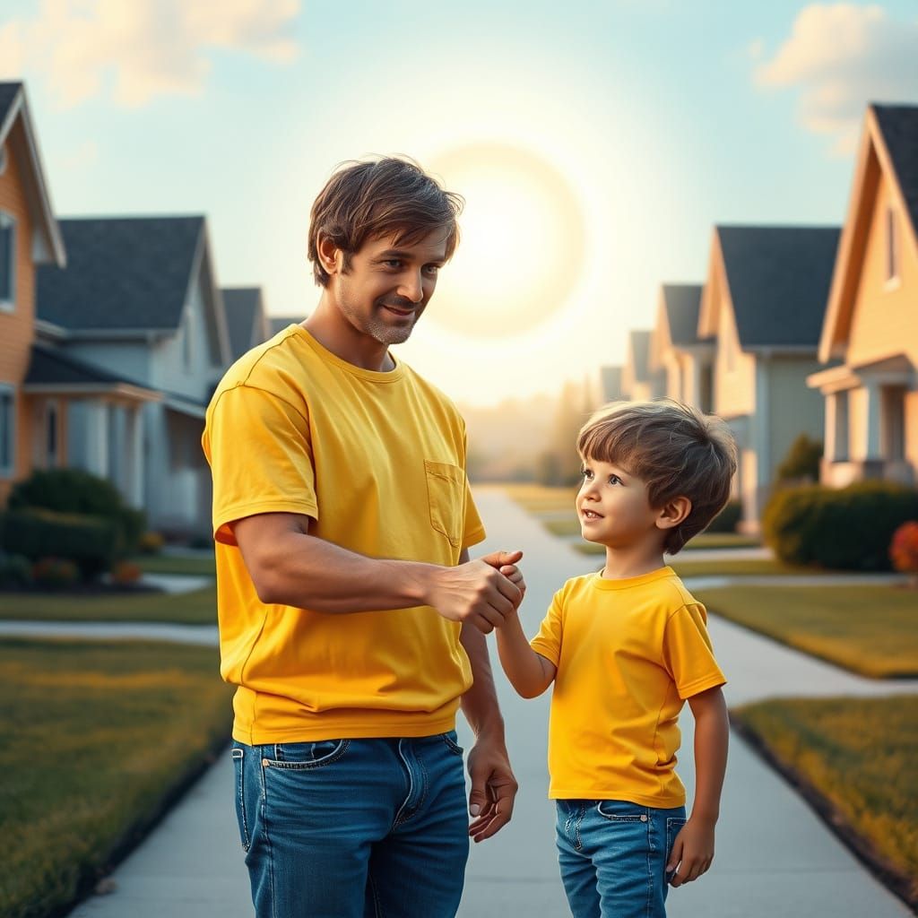 Nostalgic Encounter: Man and Boy in Retro Suburb