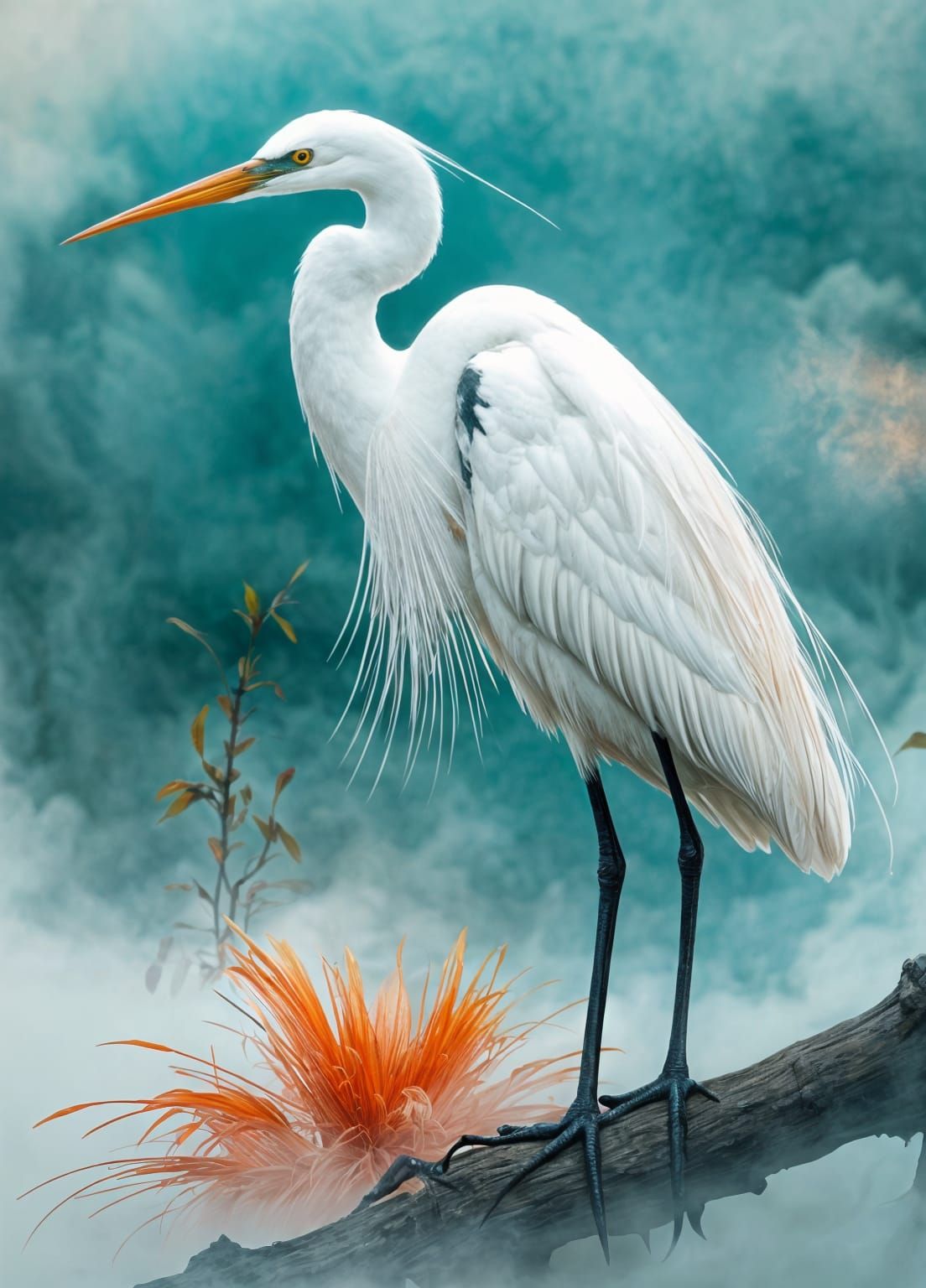 Ethereal Egret in Misty Zen Landscape