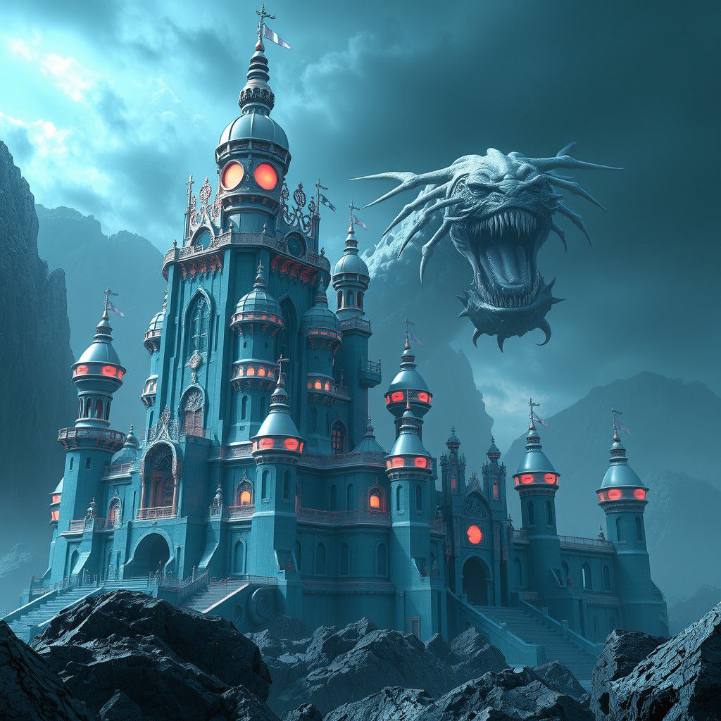 Teal and Rose Mech Castle with Emerging Monster