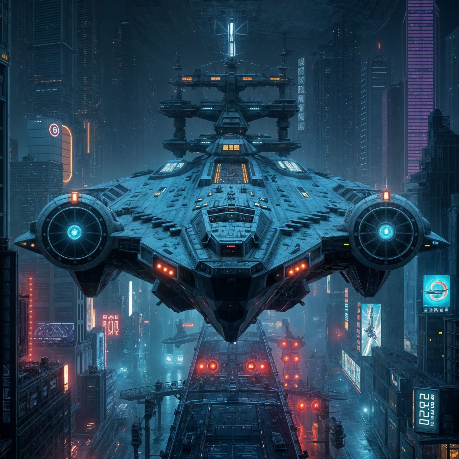 Gigantic Flying Airship Battleship in Cyberpunk Cityscape