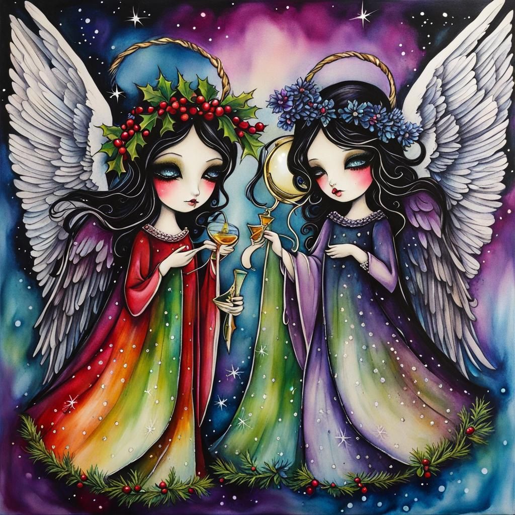 Whimsical Christmas Angels in Alcohol Ink Style