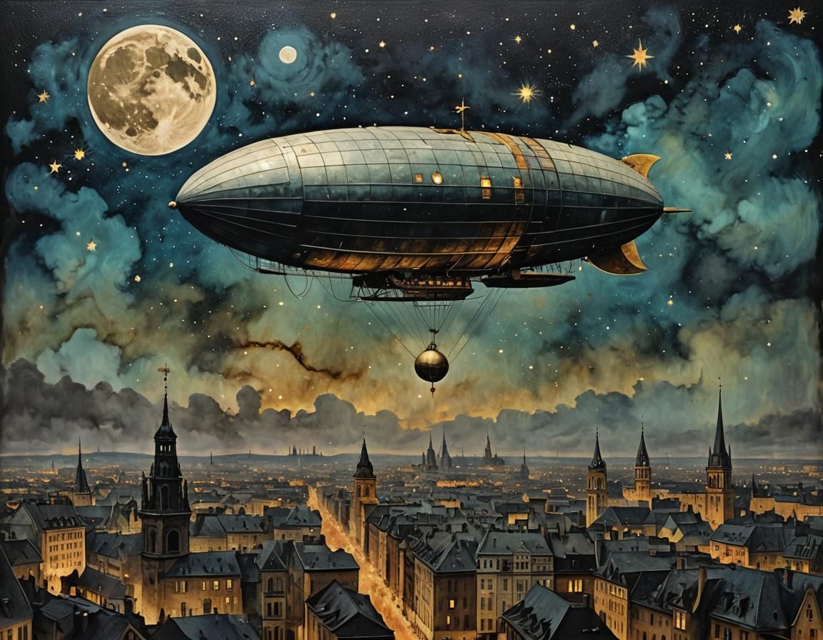Zeppelin Over Cityscape in Historical Photograph Style