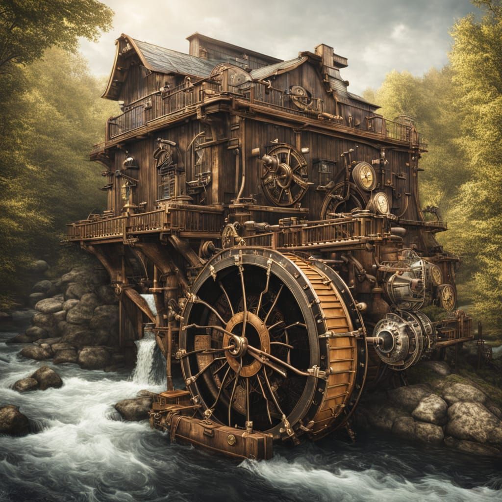 Victorian Era Waterwheel in a River Scene
