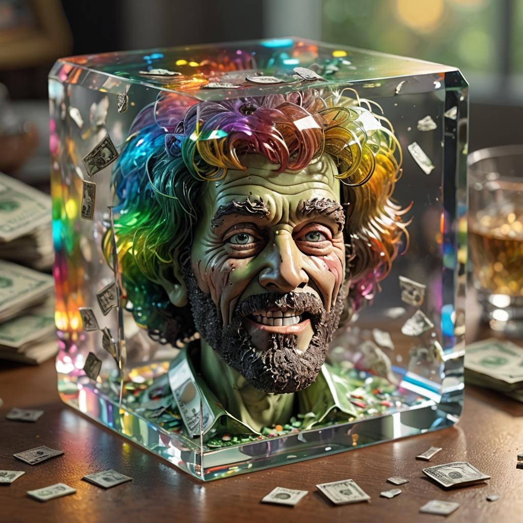 Zombie Bob Ross Head in Crystal Cube: 3D Render