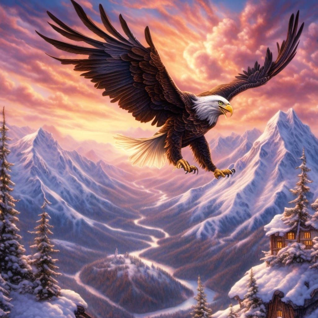 <lora:Sparkle:1.0> Bald eagle flying over beautiful mountain...