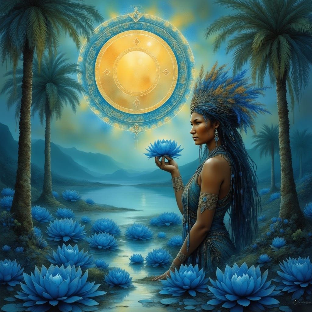 An Egyptian woman <lora:Native Woman:1.0> plucks a blue lotu...