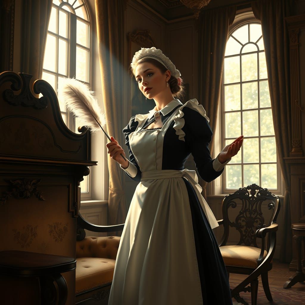 Elegant Maid in French Chateau, Vermeer-Inspired Light