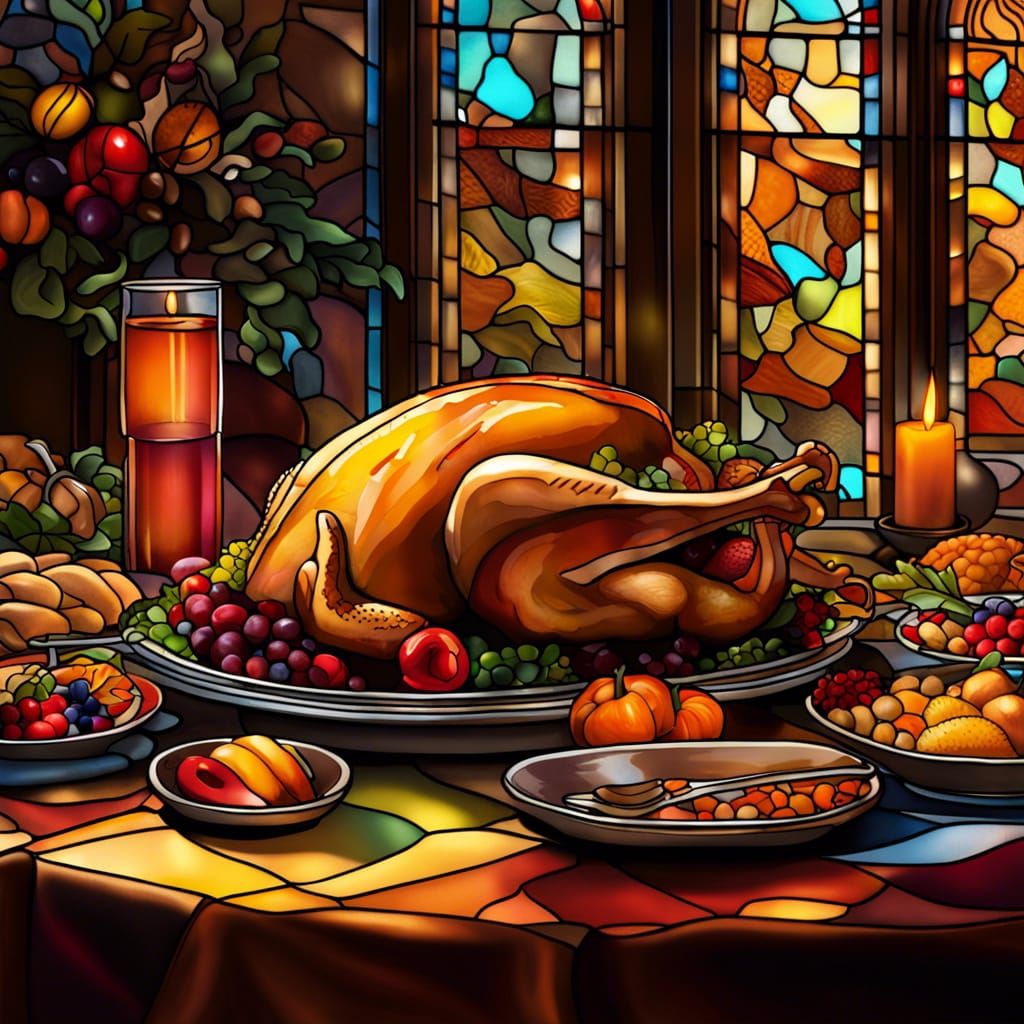 Stained Glass Thanksgiving Dinner: Hyperrealistic Art