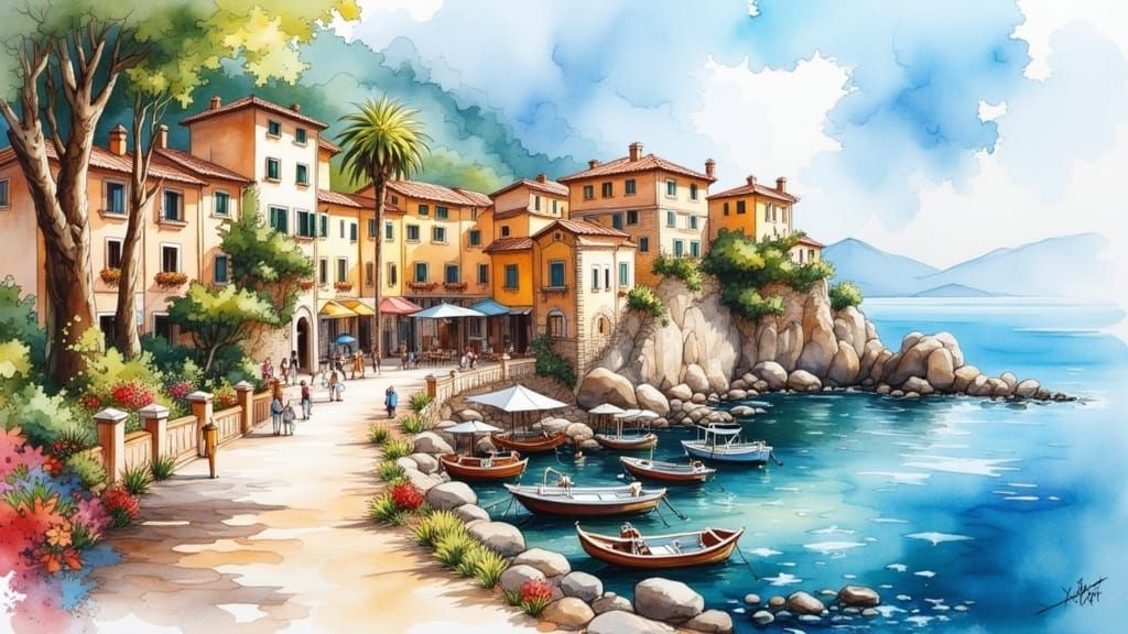 Watercolor Painting of Italian Coastal Village Terrace
